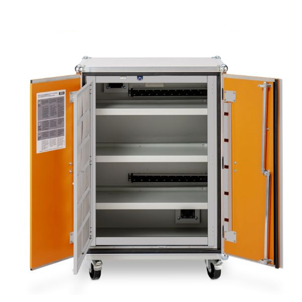 Szafa zabezpieczająca Topserw BATT M, ładowanie akumulatorów, 230V, 3 półki, 18 gniazd, kółka, Premium Plus 8/10, (VDMA 24994)