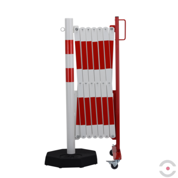 Bariera nożycowa, dł. 4000 mm, słupek przestawny śr. 60 mm, kółka, czerwony/biały
