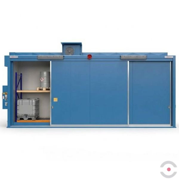 Magazyn ognioodporny Topserw, REI120, 2 poziomy/2 segmenty, 12*1000 l KTC/IBC lub 48*200 l beczka, 2*1000 l, drzwi przesuwne