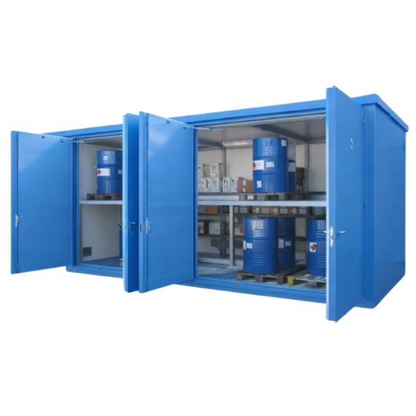 Magazyn ognioodporny Topserw, EI90, 2 poziomy/2 segmenty, 32*200 l beczka/paleta, 2*450 l, 2*drzwi dwuskrzydłowe