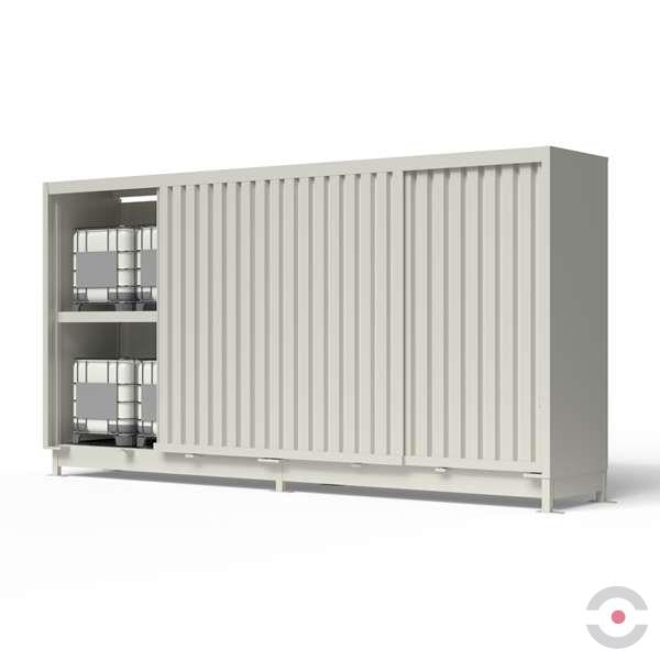 Magazyn substancji niebezpiecznych nieizolowany Topserw, WSC 2 poziomy/2 segmenty, 12*1000 l KTC/IBC, jednostronny, 1*drzwi przesuwne