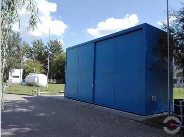 Magazyn substancji niebezpiecznych izolowany Topserw, WSC 2 poziomy/2 segmenty, 24*1000 l KTC/IBC, dwustronny, 2*drzwi przesuwne, dwumodułowy