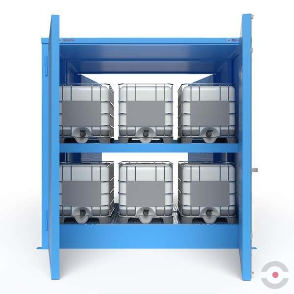 Magazyn substancji niebezpiecznych izolowany Topserw, WSC 2 poziomy, 12*1000 l KTC/IBC, 1*drzwi dwuskrzydłowe, dwustronny, jednomodułowy
