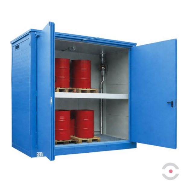 Magazyn ognioodporny Topserw, EI90, 2 poziomy/1 segment, 16*200 l beczka/paleta, 1*450 l, 1*drzwi dwuskrzydłowe