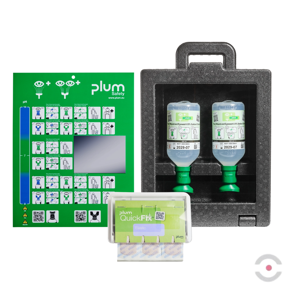 Zestaw naścienny zamykany Plum iBOX - roztwór do płukania oka i ran, ciało obce, butelka 2*500 ml, chlorek sodu 0,9%, dozownik z plastrami, MDR