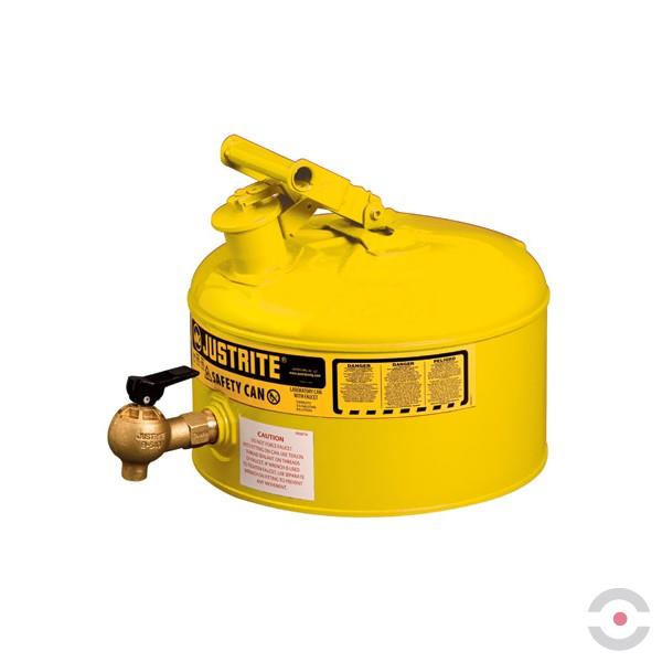 Pojemnik laboratoryjny Justrite, stalowy na płyny łatwopalne, kurek spustowy, z regulacją przepływu, 9,5 l, żółty