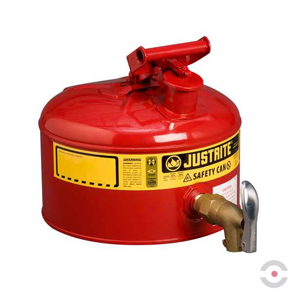 Pojemnik laboratoryjny Justrite, stalowy na płyny łatwopalne, kurek spustowy, bez regulacji przepływu, 9.5 l, czerwony