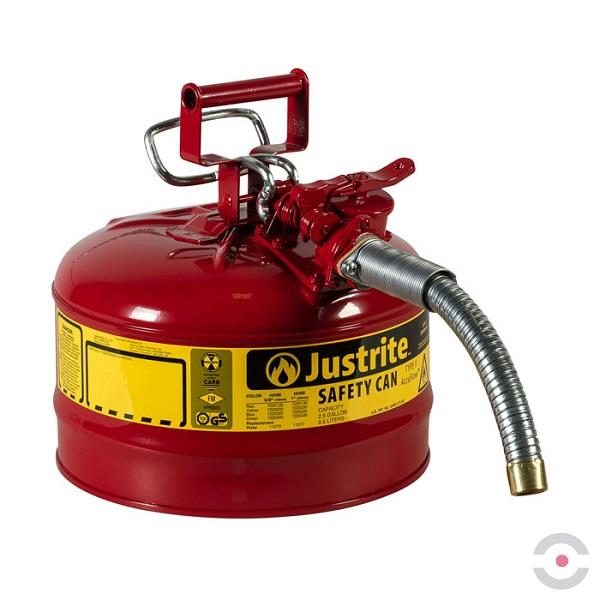 Pojemnik zabezpieczający Justrite stalowy na płyny łatwopalne Typ II, wąż spustowy 25 mm, 9,5 l, czerwony