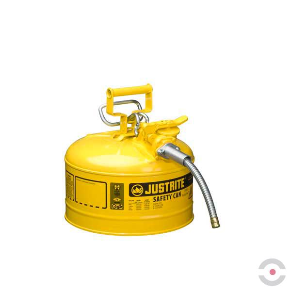 Pojemnik zabezpieczający Justrite stalowy na płyny łatwopalne Typ II, wąż spustowy 25 mm, 9,5 l, żółty