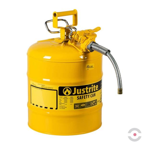 Pojemnik zabezpieczający Justrite stalowy na płyny łatwopalne Typ II, wąż spustowy 25 mm, 19 l, żółty