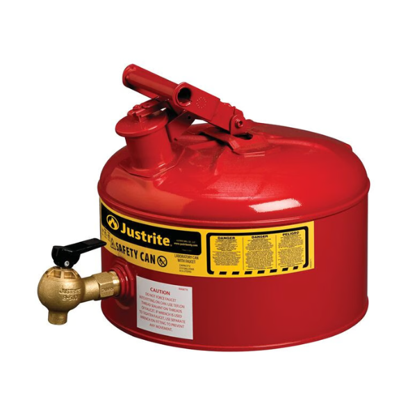 Pojemnik laboratoryjny Justrite, stalowy na płyny łatwopalne, kurek spustowy, z regulacją przepływu, 9.5 l, czerwony
