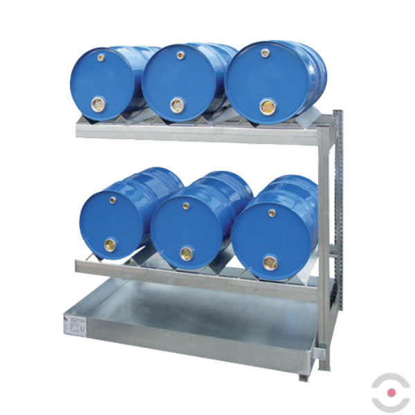 System regałowy, 2 poziomy skład., 2*3 beczka 60 l poziomo, wanna 60 l, S*G*W 1360*635*1150 mm, moduł dodatkowy