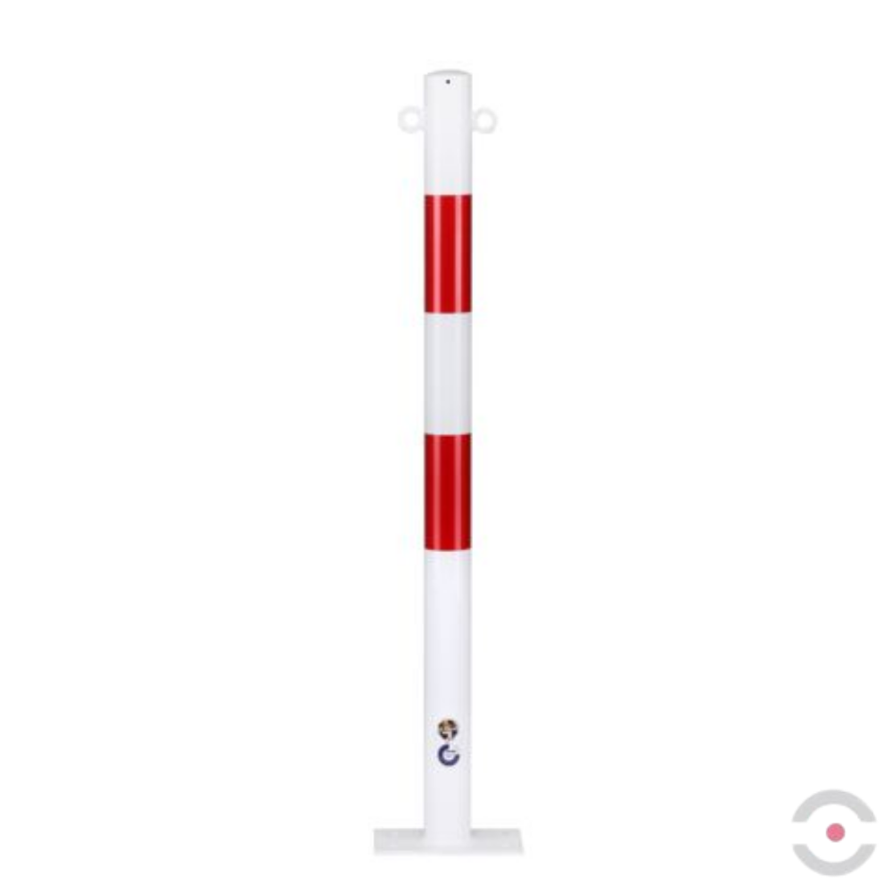 Słupek stalowy, okrągły, śr. 60 mm, do podłogi, niski, 2*uchwyt oczkowy, ocynkow. malow. biały/czerwony