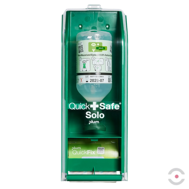 Zestaw naścienny Plum SOLO - roztwór do płukania oka i ran, ciało obce, butelka 1*500 ml, chlorek sodu 0,9%, 1*plastry wodoodporne (45 sztuk), MDR