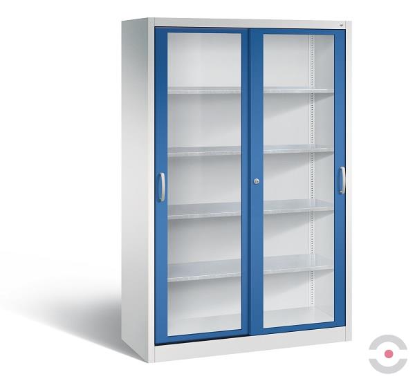 Szafa warsztatowa XL, 4 półki, drzwi przesuwne, przeszklone, W*S*G 1950*1200*600 mm, szary/niebieski