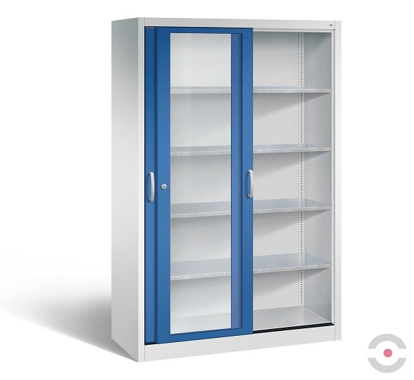 Szafa warsztatowa XL, 4 półki, drzwi przesuwne, przeszklone, W*S*G 1950*1200*600 mm, szary/niebieski
