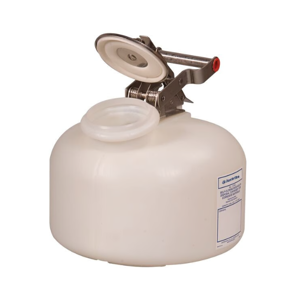 Pojemnik zabezpieczający Justrite, polietylenowy, osprzęt stal nierdz, 7.5 l, biały