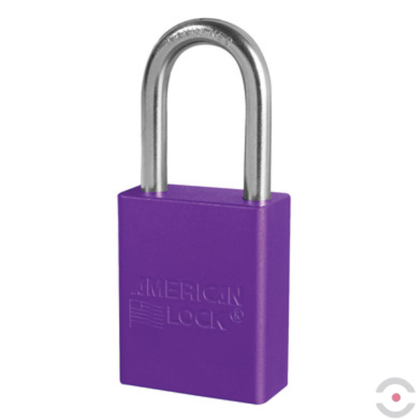 Kłódka zabezpieczająca, korpus anod. aluminium, długi kabłąk stal borowa 6 mm, cylinder 5 bolców, wykrywalna, klucz KA/MK, purpurowa