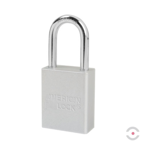 Kłódka zabezpieczająca, korpus anod. aluminium, długi kabłąk stal borowa 6 mm, cylinder 6 bolców, wykrywalna, klucz KD, jasnoszara