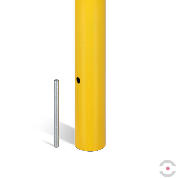 Słupek stalowy, okrągły, śr. 60 mm, wpuszczany, 2*uchwyt oczkowy, ocynkow. malow. żółty/czarny