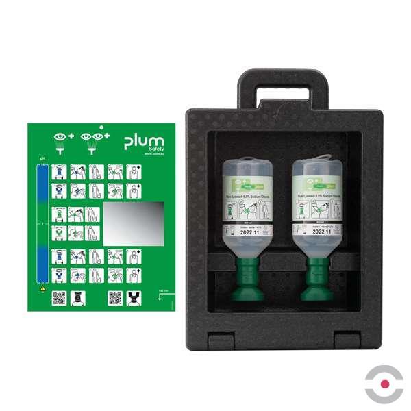 Zestaw naścienny zamykany Plum iBOX - roztwór do płukania oka, ciało obce, butelka 2*500 ml, chlorek sodu 0,9%, dozownik z plastrami