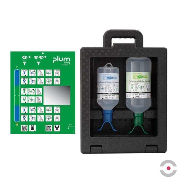 Zestaw naścienny zamykany Plum iBOX - roztwór do płukania oka, ciało obce, kwas i zasada, DUO, butelka 1*1000 ml, 1*500 ml, dozownik z plastrami