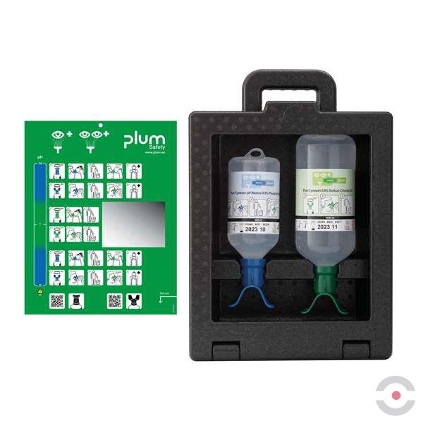 Zestaw naścienny zamykany Plum iBOX - roztwór do płukania oka i ran, ciało obce, kwas i zasada, DUO, butelka 1*1000 ml, 1*500 ml, piktogram, MDR