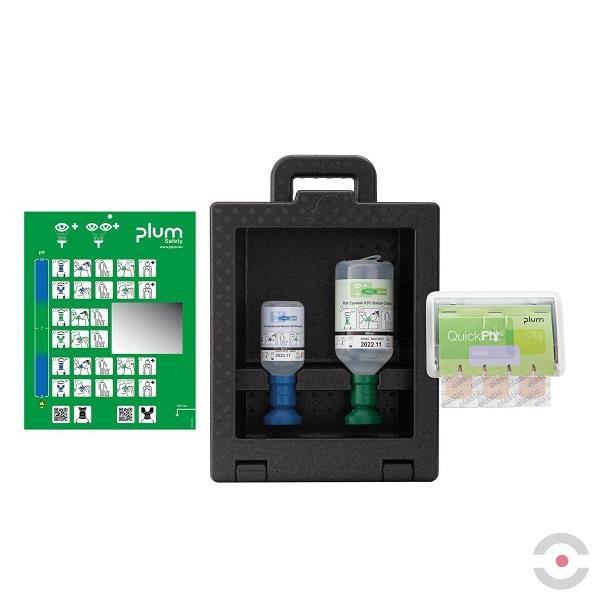 Zestaw naścienny zamykany Plum iBOX - roztwór do płukania oka, ciało obce, kwas i zasada, butelka 1*500 ml, 1*200 ml, dozownik z plastrami