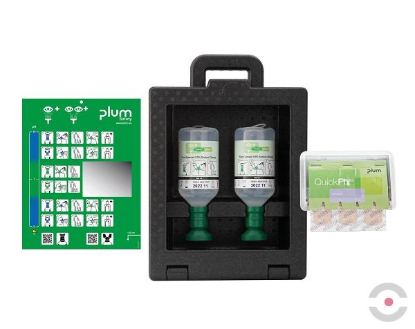 Zestaw naścienny zamykany Plum iBOX - roztwór do płukania oka, ciało obce, butelka 2*500 ml, chlorek sodu 0,9%, dozownik z plastrami