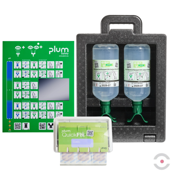 Zestaw naścienny zamykany Plum iBOX - roztwór do płukania oka i ran, ciało obce, DUO butelka 2*1000 ml, chlorek sodu 0,9%, dozownik z plastrami, MDR